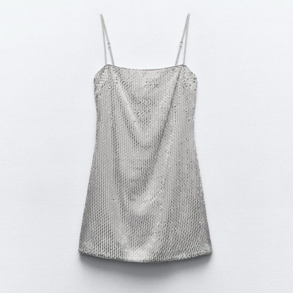 Zara NWT Silver Beaded Mini Dress Indie Sleeze - Picture 3 of 11